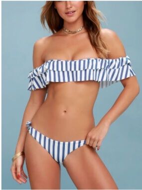 AMUSE SOCIETY (L)- Blue and White ruffle bandeau top and matching bottom